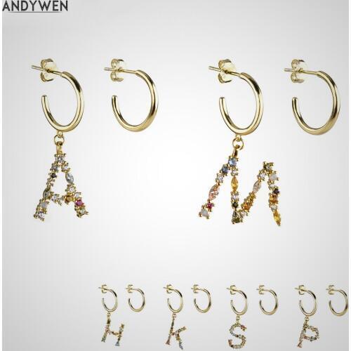 ANDYWEN 925 Sterling Silver Crystal Letter A M Hoops Drop Dangle Earring Alphabet K Initial E Charm Earrings Women 2020 Jewelry