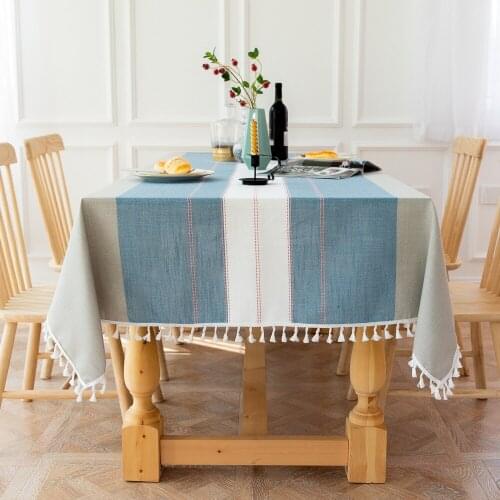 High-Grade Cotton Linen Tablecloth Simple Striped Stitching Tassel Rectangular Table Cloth Washable Dust-proof Home Table Cover