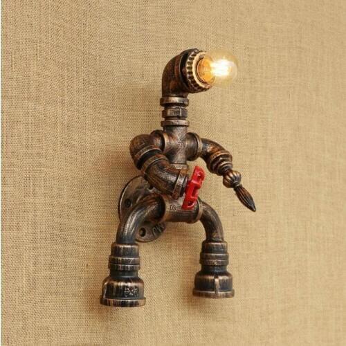 Iron water pipe wall lamp creative retro loft vintage robot light bedroom bedside corridor study bar club cafe lamp sconce bra