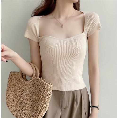 2021 Summer T Shirt Women Fashion Short Sleeve Solid Tees Sexy Low-cut Square Collar Knitted Slim Tee Shirts Femme Tops