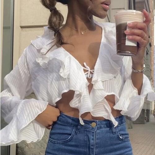 Casual Women White Transparent Chiffon Spring Autumn Long Sleeve Blouse Tops Women Flare Sleeve Lace Up Ruffle V Neck Crop Tops