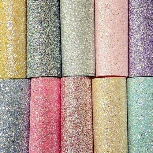 Silver Sequins on Colorful Shiny Chunky Glitter Faux Leather Fabric Sheet Elastic Backing Materials for Clothing/Decorations