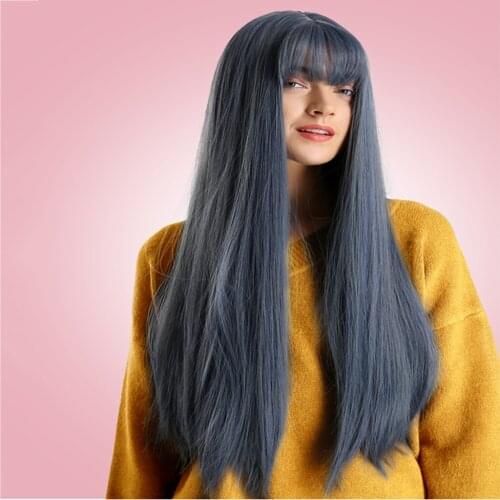 28inch Long Straight Blue Bangs Heat Resistant Synthetic Cosplay Costume Full Hair Wig