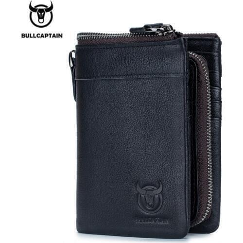 BULLCAPTAIN Hot Retro RFID Genuine Leather Men Wallet Coin Purse Wallet Card Zipper Poucht Mens Wallets With Buckle