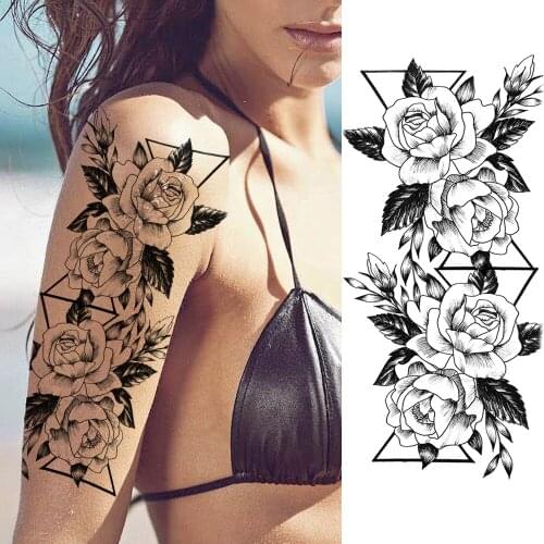 Geoemtric Flower Temporary Tattoos Sticker Fake Beauty Black Rose Tatoos Waterproof Fashion Body Art Arm Tattoos Decal For Women