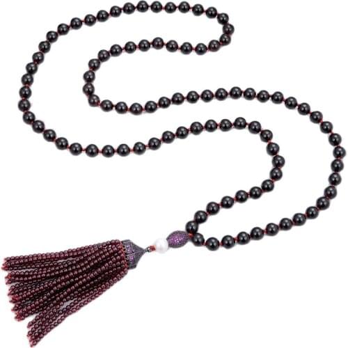 GG Jewelry 40'' White Freshwater Pearl Round Garnets Long Sweater Chain Necklace CZ Pave Pendant For Women