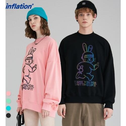 INFLATION Funny Cartoon Reflective Printed Cozy Sweatshirt Men Streetwear Thin Oversized Pink Sweatshirt Woman