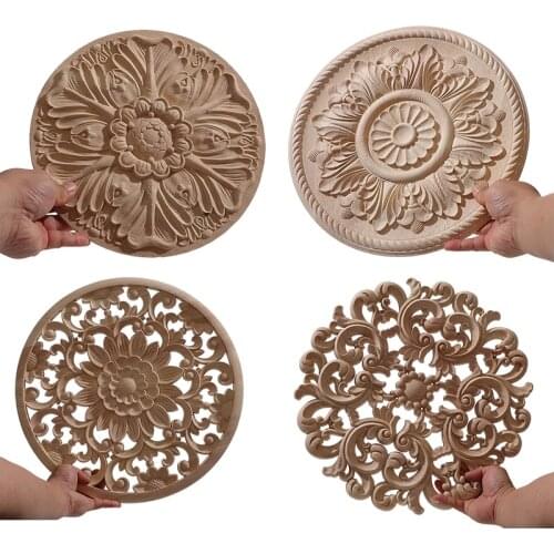 Round Flower Exquisite Carving Natural Wood Appliques Furniture Wooden Mouldings Vintage Unpainted Accessories Decoration Decal