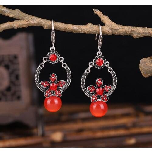 Classic Ethnic Blue Opal Ladies Earrings 2021 Vintage Retro Silver Color Diamond Flower Dangle Earrings Orecchini Ethnic