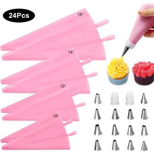 24 Pieces Stainless Steel Cake Icing Piping Nozzles Cream Pastry Tools 10inch/12inch/14inch Dessert Decorating Bag Baking Tools
