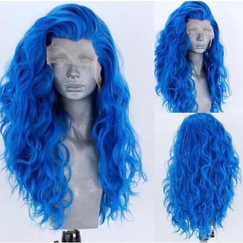 Meinmod Blue Hair Long Wavy Synthetic Lace Front Wig Side Part Half Hand Tied Glueless Wigs for Women wigs
