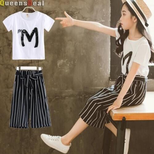 MERI AMMI 4-13 Year Girls Clothing Sets Children Sequin Short Sleeve T-shirt + Striped pants Set Kids Outwear Baby Girls Clothes