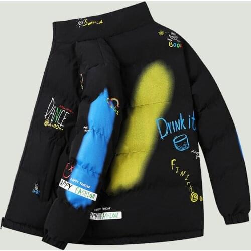 Hip Hop Mens Letter Graffiti Print Thicken Double-sided Parkas 2021 New Winter Warm Waterproof Loose Jackets Male Plus Size 8XL