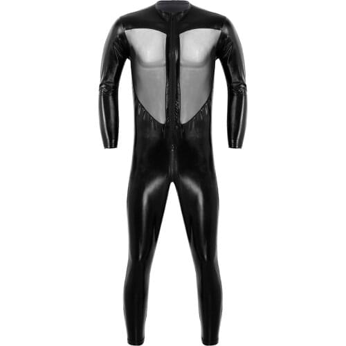 Men Womens Lingerie Full Body Bodysuit Wet Look Leather High Neck Long Sleeves Zipper Crotch Front Mesh Splice Leotard Bodysuit