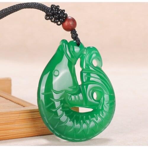 Natural Green Chalcedony Handmade Double-sided Carved Fish Pendant Fashion Boutique Jewelry Men and Women Necklace Accessories