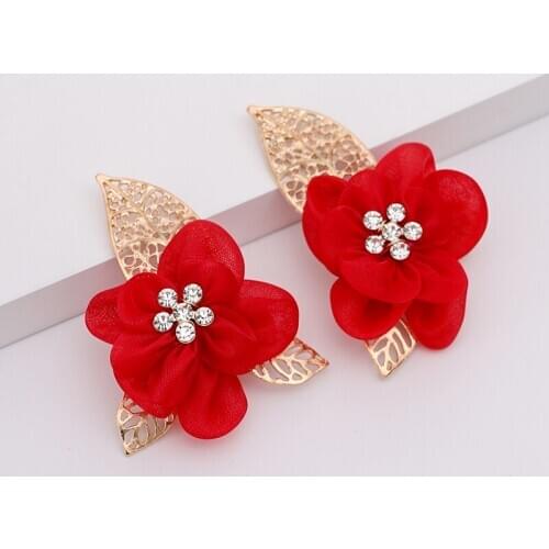 2 Pcs Red Flower Hairgrips Gold Leaves Hairbands For Wedding Handmade Rhinestone Bridal Hair Accessories Women Hair Clips Stick