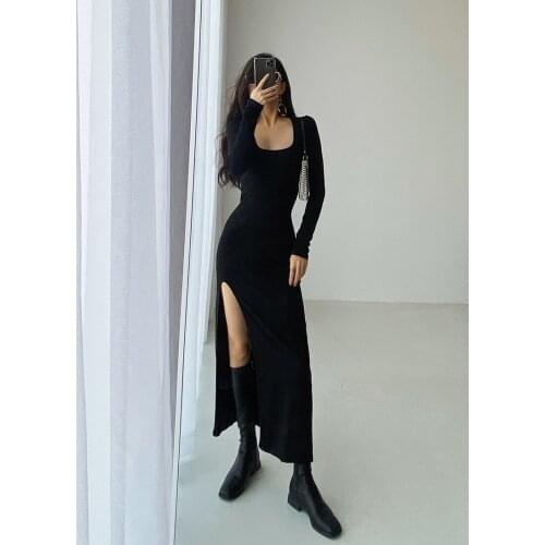 Nic elegant long sleeve slit sexy maxi dress women fashion club party vestidos outfits hip skinny solid female midi dresses
