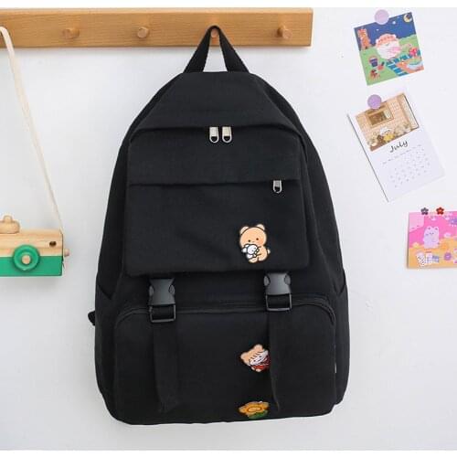 Women Men Backpack Casual Canvas College Student School Backpack Black with Badges Shoulder Bag Large Capacity Street Travel Bag
