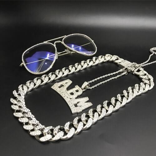 Luxury Men Silver Color Neckalce & Glass Combo Set Ice Out Cuban Jewerly Set Crystal Miami Neckalce Chain Hip Hop For Men