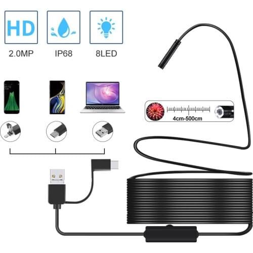 2.0MP HD 3IN1 USB Endoscope Camera IP67 Waterproof 8MM Hard Cable Snak Camera With 8 LED Inspection Borescope For Android PC