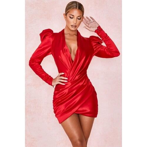 High Quality Sexy Red Black Long Sleeve Bodycon Evening Party Dress Vestidoes