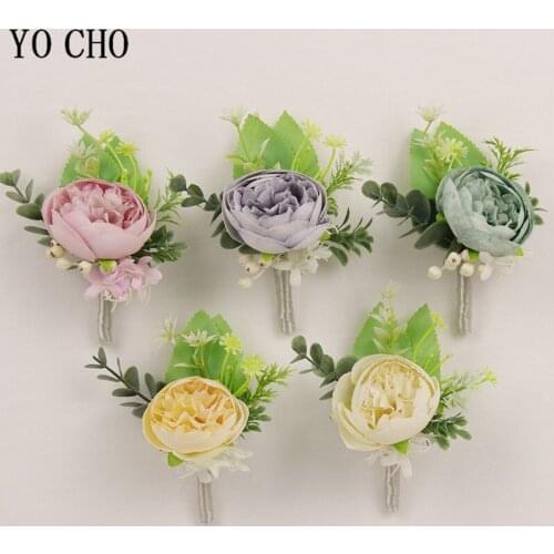 YO CHO Wedding Corsages Boutonniere Fake Silk Rose Flower Groom Boutonniere Wedding Bride Wrist Corsages Girl Bracelet Flowers