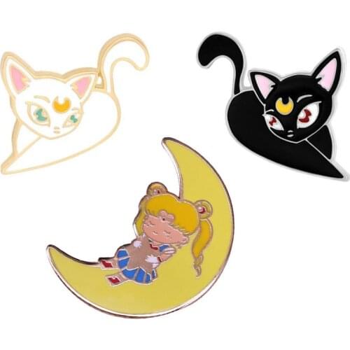 Stars Moon Luna Cat Brooch Lovely Sleepping Girl Enamel Pins Brooches for Women Shirt Dress Bags Badge Pin Kawaii Jewelry Gift