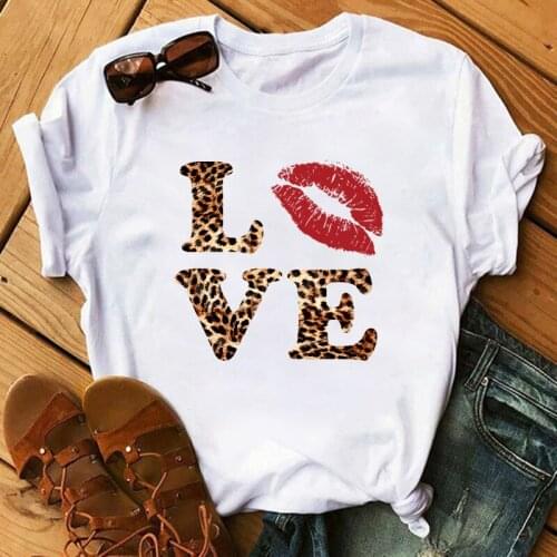 Fashion Love Red Lips Print T-shirt Women Love Leopard Print Women Tshirts Summer Casual Harajuku TShirt Femme Tops Tees