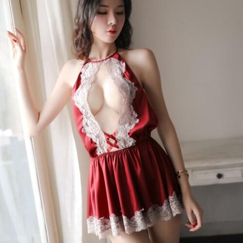 Sexy silk dress Women Sleepwear Mini Nightgowns Deep V Lace Nighties Backless Sexy Hot Erotic Sleepshirt woman summer dress