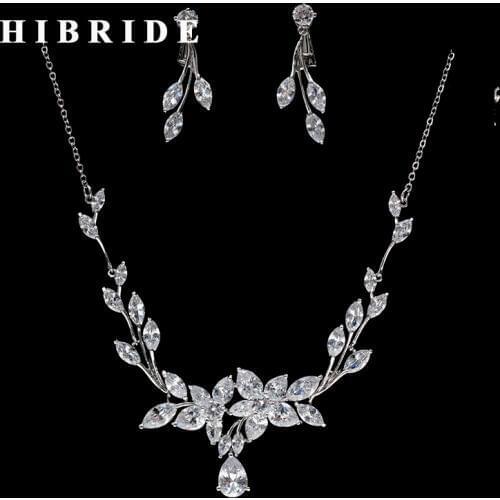 HIBRIDE Elegant Leaf Design Cubic Zirconia Pendant Dubai Jewelry Set Women Bridal Necklace Earring For Engagement Gifts N-243