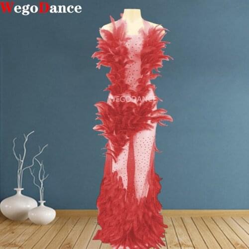 Women Singer Red Feather Net Long Dress Birthday Outfit Bar Rhinestones Prom Transparent