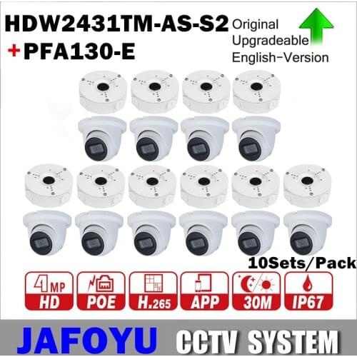 10Sets/Pack Including 10PCS HDW2431TM-AS-S2 4MP WDR IR Eyeball Network Camera IPC-HDW2431TM-AS-S2 With POE P2P + 10PCS PFA130-E