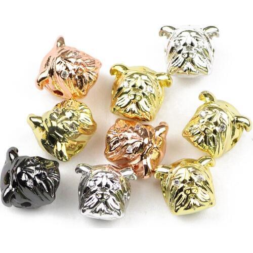 4pcs Pug Dog head Pendants Copper Spacer beads Inlay CZ Women animal Charms Loose bead for Jewelry making bracelet DIY Findings