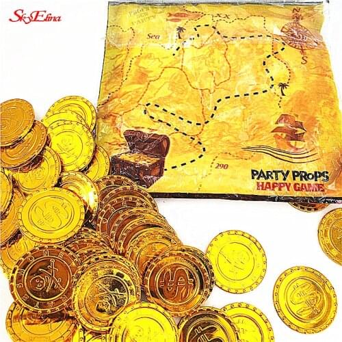 50&100Pcs Plastic Gold Coins Treasure Coins Captain Pirate Party Favors Pretend Treasure Chest Kids Party Supplies Coins 6Z