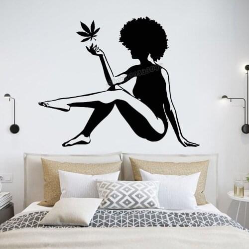 African Woman Vinyl Wall Decal Sexy Girl Swimsuit Hemp Marijuana Maple Leaf Window Wall Sticker Bathroom Spa Center Decor B363