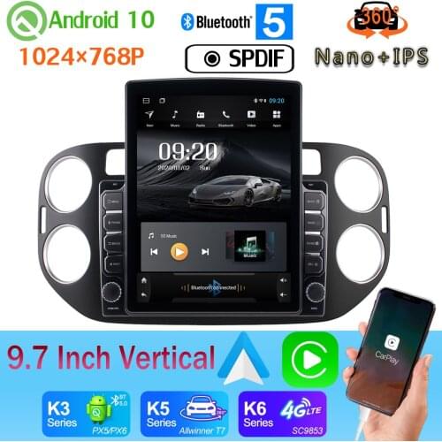 Android auto 4G WiFi 9.7" Vertical Tesla Android 10 Car Media Radio GPS PX6 4+64G For Volkswagen VW Tiguan 2010-2017 360 Camera