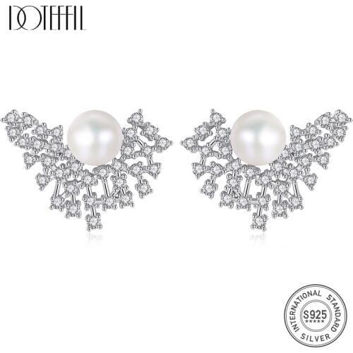 DOTEFFIL New Hot Sale Earrings Natural Freshwater Pearl 100% 925 Silver Zircon Inlay Pearl Stud Earrings For Women Jewelry Gift