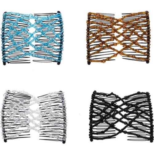4 Pcs Women Pearl Beads Elastic Hair Combs Double Slide Magic Bun DIY Hairstyle Making Tool Metal Novelty Hair Clip Accessories