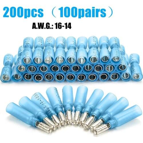 200PCS Insulated Heat Shrink Bullet Terminal 16-14AWG Wire Connectors Male Female Electrical Splice Crimp Terminals Waterproof