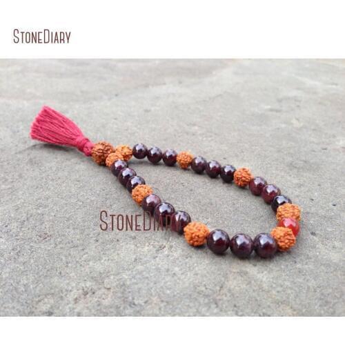 Bohemian Classic Rudraksha & Carnelian Bead Bracelet Red Cotton Tassel Garnet 27 Bead Stacking Quarter Mala Bracelet BM11043