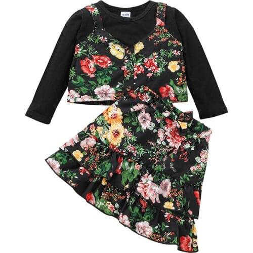 Baby Girls Floral 2Pcs Outfits Long Sleeve + Skirt, Flower Print with Ruffle Hem Decoration Sweet Style Spring Clothing 18M-6T
