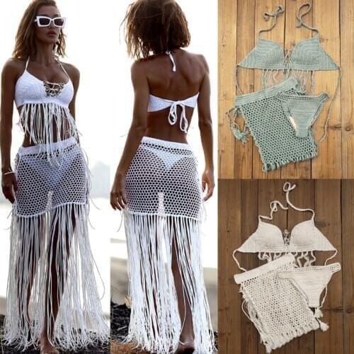 3 piece set Gypsy Boho Hand Crochet Bikini Set Women Swimwear Tassel Skirt, with long fringe Beach Skirt Net