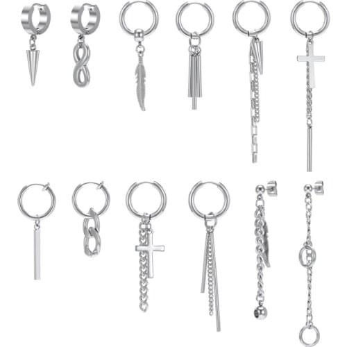 316L Stainless Steel Hoop Round Earrings Drop Cross Punk Gothic Black Dangling earrings for Woman Man Korean kpop Long Earrings