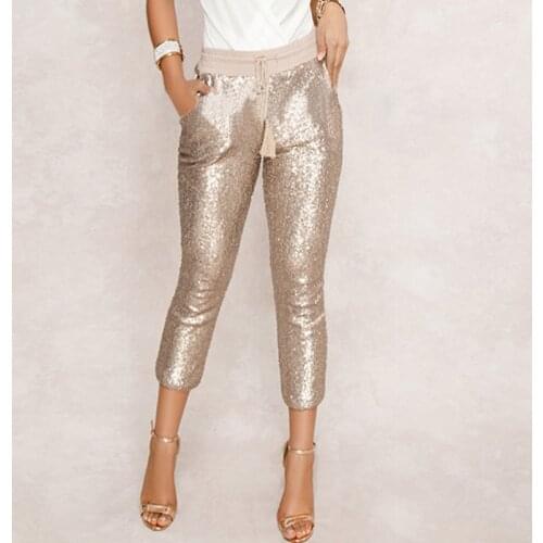 Fashion Sequin Pencil Pants 2021 New Hot Solid Black/Gold Women Drawstring Waist Bling Party Nightclub Calf-length Trousers