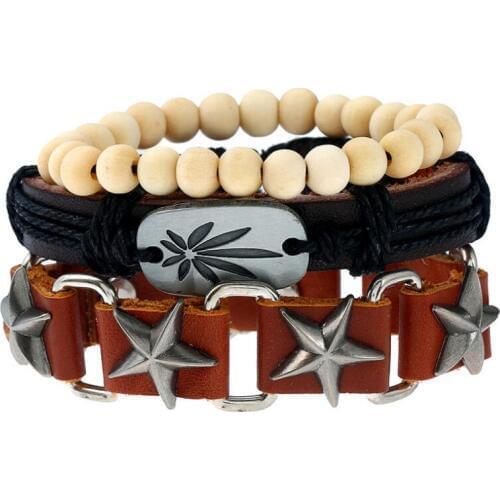 Fashion Vintage Men Bracelets Multilayer STARS Maple Leaf Charms Leather Beads Chain Wristbands Bangle Wrap Retro Unisex Jewelry