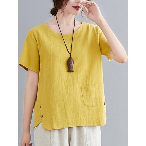 2021 New Arrival Short Sleeve Summer T Shirt Plus Size Loose Women Tops Casual T Shirt Cotton Linen Button Vintage T-shirt Tees