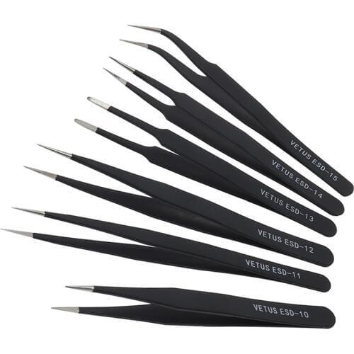 Original Vetus ESD Antistatic Tweezers Tool Set High Precision Tip Curved Straight Tweezer Stainless Multifunction Nipper Repai