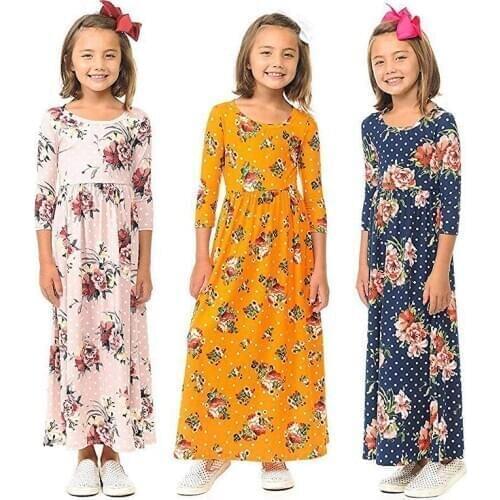 Flower Print Dress for Girl Dots Casual Sundress Children Bohemian Straight Floral Dress Long Sleeves Boho Style Beach Dresses