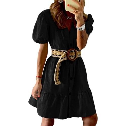 Summer Dress Women Solid Color Single-Breasted A-Line Dresses Bandage Short Sleeve Dress For Woman Robe Femme Vestido De Mujer