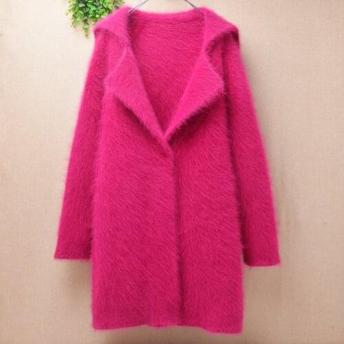 Pull rose female women hairy plush mink cashmere knitted suit collar long sleeves slim cardigans angora fur jacket coat sweater